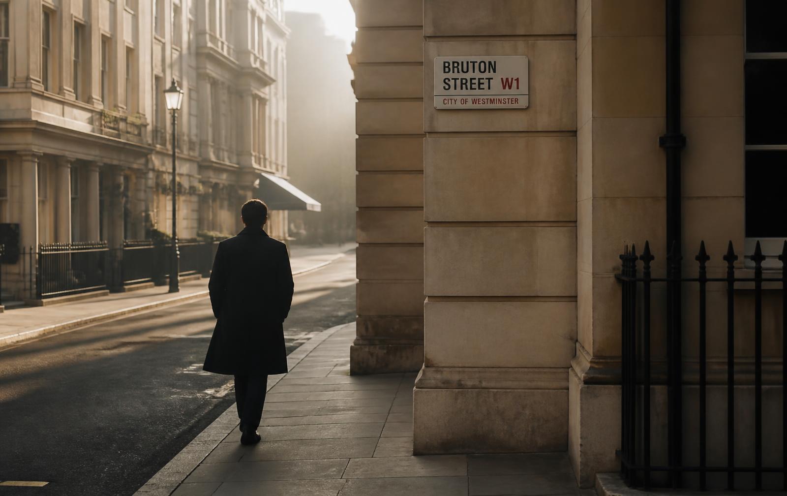 A man walking alone through a quiet London street in early morning light