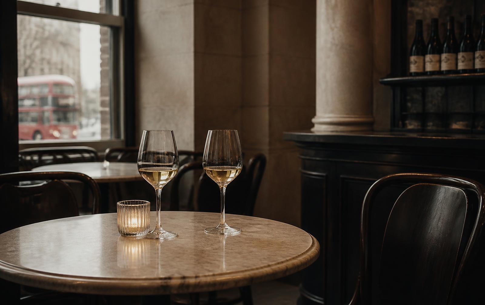 Two glasses and a candle on a marble table in a quiet London bar, set for a first date